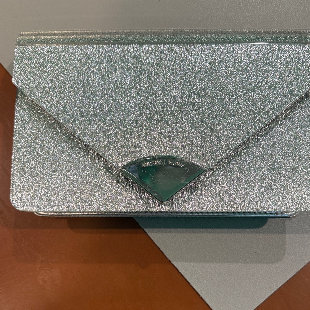 Michael Kors Silver Glitter Envelope Clutch with Logo Accent